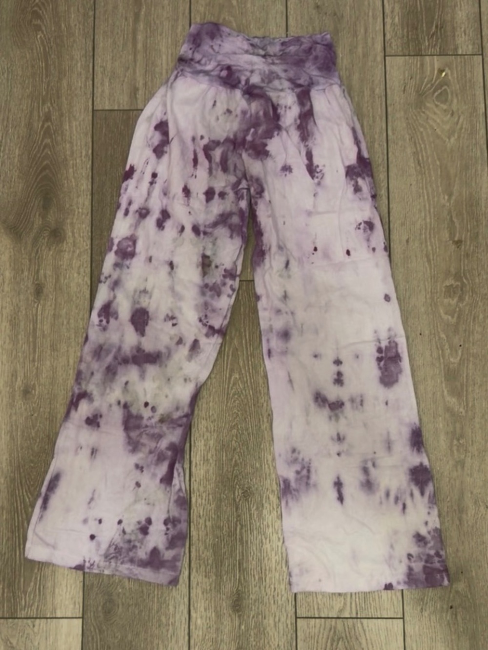 Tie-dye purple mixed color hundred percent linen stretchy wide leg pants